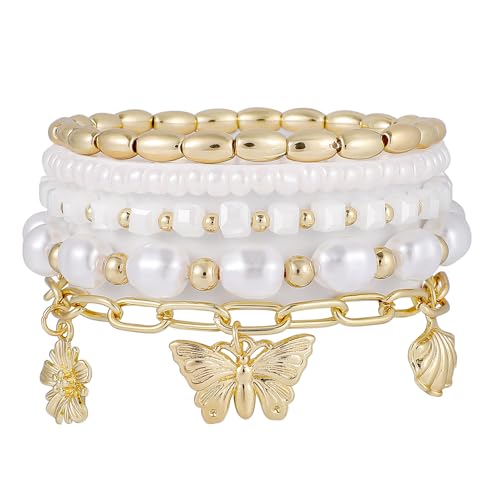 LALAPPLE Shell Bracelet Boho Beaded Stretch Bracelets for Women Seashell Strand Bracelets Starfish Charm Jewelry Summer Beach Jewelry Stackable Crystal Gold Plated Beads Bracelet for Women - style: T-Style9 butterfly