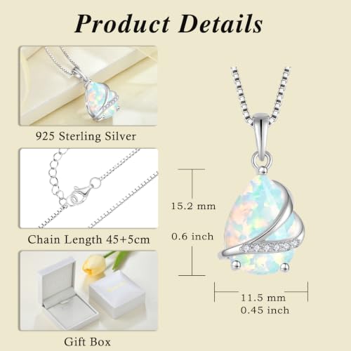 Birthstone Pendant Necklace 925 Sterling Silver Teardrop Jewelry for Women - color: lridescent White