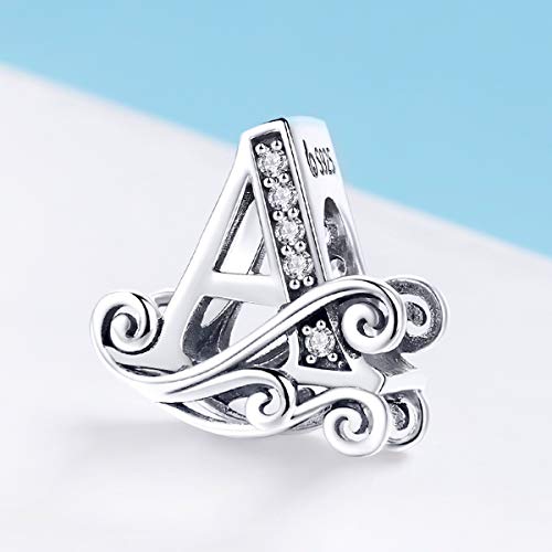 BISAER 925 Sterling Silver Initial Letter A-Z Charms for Bracelets Alphabet Beads Charm Jewelry Gifts - color: Letter A