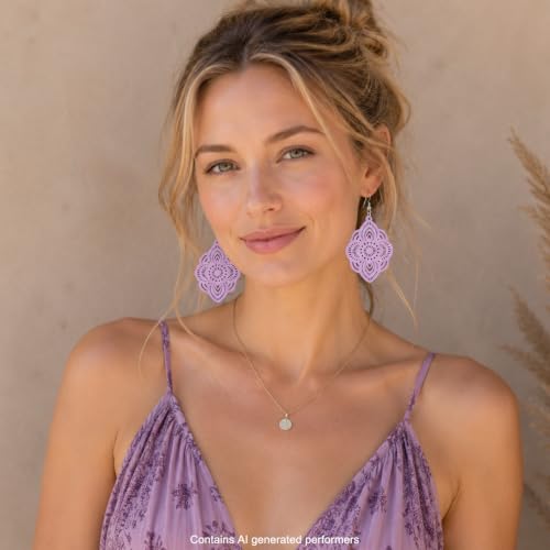 Boho Black Filigree Dangle Earrings for Women, Lightweight Hollow Lace Drop, Wood, 3.34" x 1.69", Bohemian Jewelry - color: Light Purple