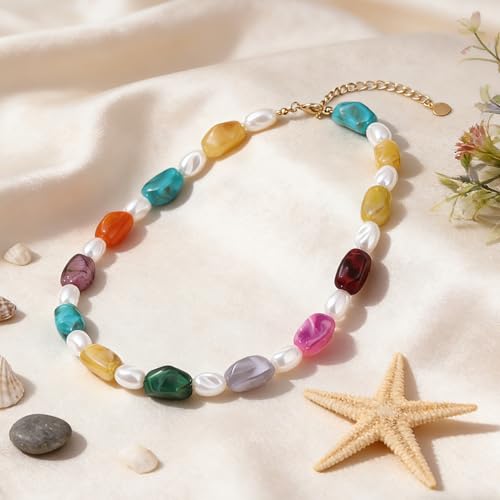 Rainbow Beaded Necklace for Women - Boho Necklaces Chunky Necklace for Summer Vacation Jewelry, Colorful Seed Bead Choker Statement Necklace - color: Fine E