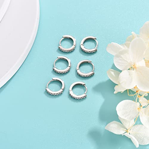 Silver Hoop Earrings for Women, 3 Pairs Small Sterling Silver Huggie Earrings | Tiny Cubic Zirconia Cartilage Cuff Earrings Hoop Piercing Jewellery for Men Teens (8mm/10mm/12mm) - color: 3 Pairs(8mm*3)-Silver