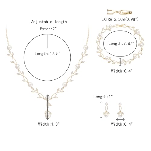 Crysdue Wedding Jewelry Set for Brides Bridesmaid, Cubic Zirconia Teardrop Marquise Leaf Cluster Pendant Necklace Bridal Tennis Bracelet Drop Earrings for Women Party Prom - style: B- Pearl set- gold