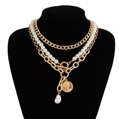 Chunky Layered Pearl Necklaces Set for Women Big Coin OT Choker Necklace | Gold,silver,layering,pearls,stack,pearl jewelry,drop,baroque,buckle,beaded,chain,statement,clasp,toggle,accessories,gift - color: Color-1