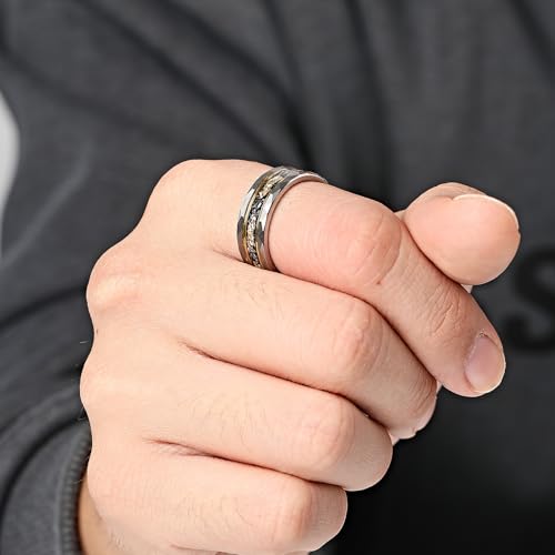Mens Tungsten Carbide Wedding Bands 8mm Black Hammered Edge Gold Foil Inly Durable Scratch Proof Stainless Steel Cool Promise Ring for Him Comfort Fit - color: Silver-8mm
