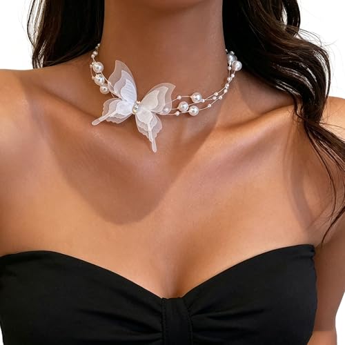 Lace Butterfly Necklace Dainty Pearl Beaded Bow Tie Ribbon Necklaces Long Elegant Lace Fairy Tassel Choker White Black Pink Blue Butterfly Choker Necklaces Cute Butterfly Jewelry Y2K Aesthetic Jewlery for Wedding Party Prom - color: White