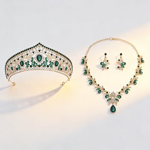 Princess Tiara Crown and Jewelry Sets for Women Wedding Rhinestone Crystal Tiaras and Crowns with Necklace Earrings Party Birthday Accessories - color: Gold Green