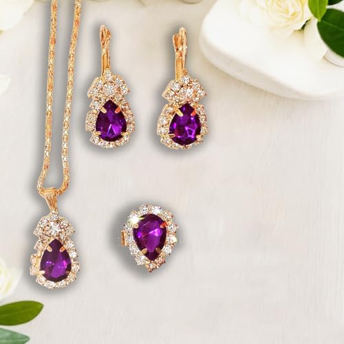 Jewelry Set for Women Love Heart Alloy Artificial Crystal Earrings Pendant Necklace Ring Wedding Party Prom Anniversary Birthday Engagement for Bridal Bridesmaid Girlfriend - color: purple water drop
