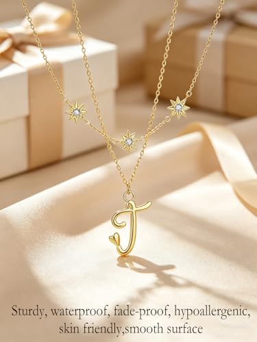 14K Gold A-Z Initial Lette Necklace Star Choker Women Necklace | Personalized Initial Jewelry, Meaningful Name Letter Gift for Women Wife Mom Friend, Perfect Present For Birthday/Anniversary - style: 14K Gold-T