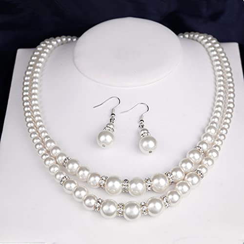 tenghong2021 Fashion Classic Faux Pearl Jewelry Set Necklace Bracelet Earrings for Women Best Gift - color: White Double Layered