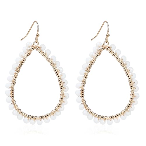 Bohemian Sparkly Crystal Beaded Dangle Earrings Teardrop Earrings for Women Fashionable & Trendy Jewelry Gift-Round Orange - color: Teardrop White