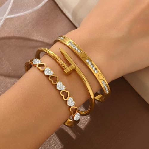 Gold Bangle Bracelets Set Stainless Steel Heart Stack Bracelet Hypoallergenic Dainty Bracelet For Women - color: 3pcs Set