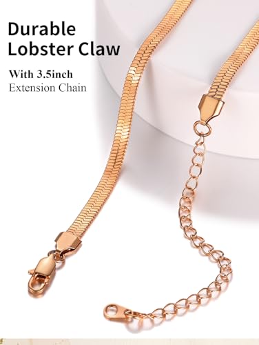 ChainsHouse Flat Snake Chain Herringbone Choker Necklace for Women, Stainless Steel/Rose Gold/18K Gold Plated Dainty Adjustable Simple Short Layered Necklaces, 12"/15"/18" with 3.5" Extender - color: a. rose gold-5mm