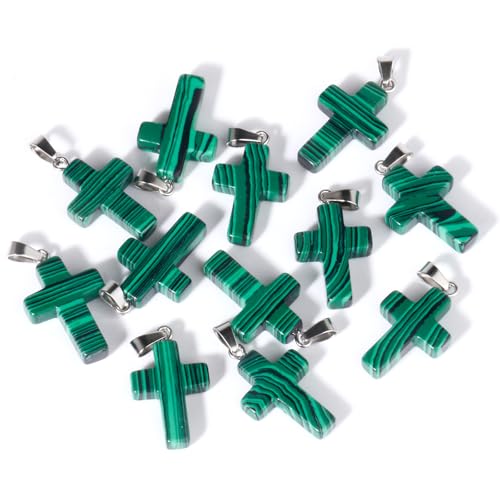 12PCS Natural Stone Cross Pendant Gemstone Charms Bulk for Jewelry Making | Healing Crystal Quartz Chakra Reiki Gemstone Pendants Charms Bulk for Necklace Craft - color: Malachite Cross(Synthetic)