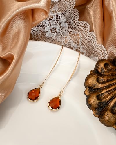 Long 14K Gold Plated Brown Teardrop Stone Dangle and Drop Vintage Earrings Crystal Lightweight Earrings for Women