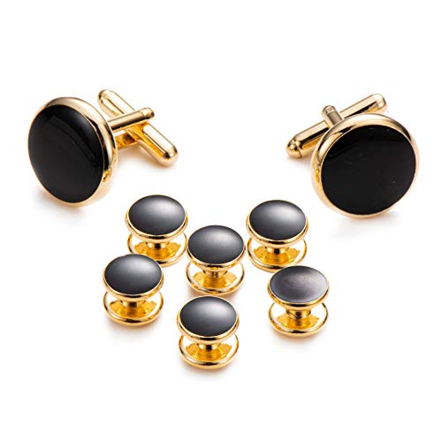 wynameleri Mens Cufflinks and Studs Set Blanks Round 4 Colors Shirt Tuxedo Buttons Packed in Cufflink Box for Business Wedding Jewelry - color: Gold Black