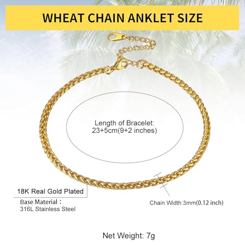 ChainsHouse Ankle Bracelets for Women, Stainless Steel Beaded Chain Ankle Bracelet, Womens Heart Anklets for Summer Beach Jewelry Gifts - color: N: wheat-3mm-gold