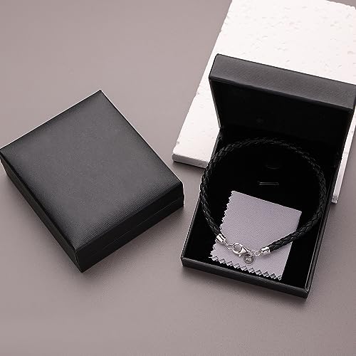 Leather Bracelet for Men Women 4MM Braided 925 silver Clasp 20/21/22cm with Jewelry Gift Box Handcrafted - color: Black, size: 8.6''
