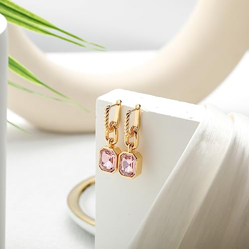 Birthstone Crystal Dangle Drop Earrings, 18K Gold Plated Huggie HoopEarring | Hypoallergenic Earring Jewelry Gifts for Women, Birthdays, anniversaries, weddings - color: Pink-1