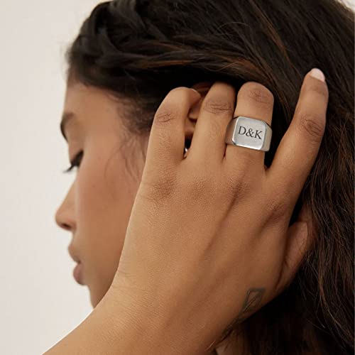 GoldChic Jewelry Personalized Signet Rings Men Women, Stainless Steel Custom Photo Bold Square/Oval Monogram/Old English Initial Pinky Stacking Statement Ring in Black/Silver/Gold (Size 7-14) - color: Steel-Custom - Square