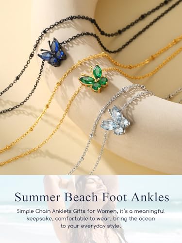 Suplight Gold Plated Butterfly Anklets for Women Waterproof, Layered Boho Ankle Bracelet with Birthstone, Stainless Steel Adjustable Non-Tarnish Heart Foot Jewelry Beach Vacation - color: 02. Butterfly-Feb. Amethyst