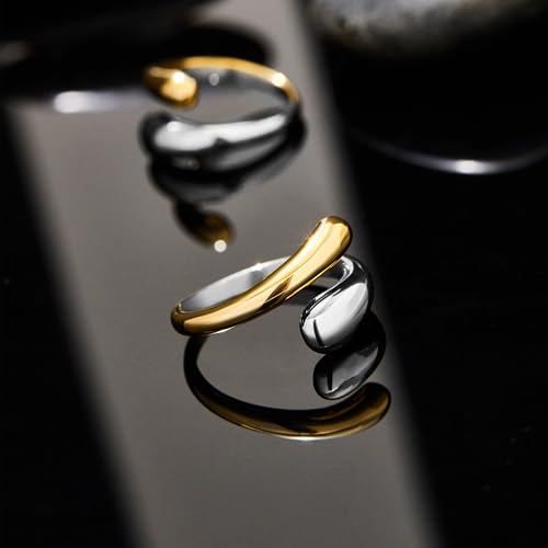 Non Tarnish Gold Chunky Rings for Women, 14K Gold Plated Statement Dome Rings Stacking Silver, Adjustable Mens Eternity Wedding Band Mixed Metal Jewelry Size 3-13 - color: Silver & Gold, size: 5, style: Open Twist Band