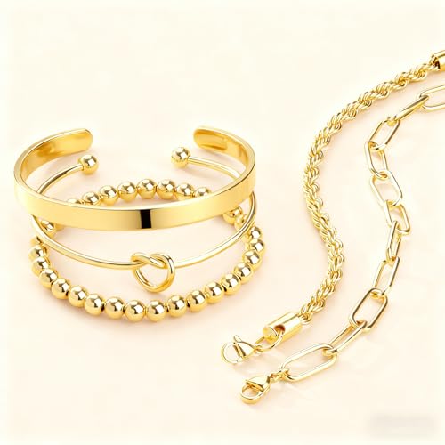 Gold Bracelets for Women, 5 Pcs Non-Tarnish Gold Plated Stackable Bangles with Beaded, Knot, Twisted, Cuff & Chain Designs, Everyday Jewelry Gifts - color: Gold-5pcs