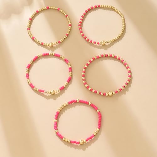 LOTSOF Bohemia Multilayer Beaded Bracelet Set, Turquoise Resin Colorful Surfer Heishi Style Elastic Spring Clasp Friendship Elastic Wristbands Summer Beach Boho Vacation Jewelry - color: Hot Pink