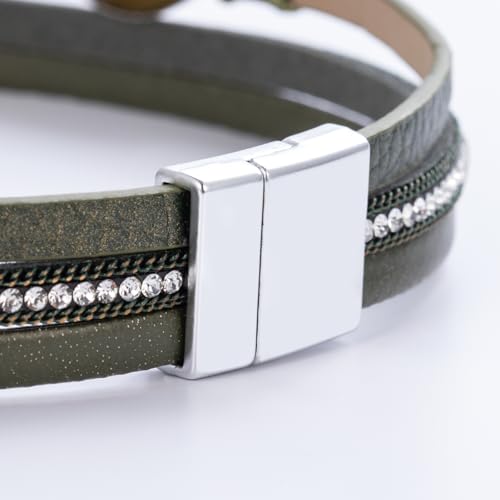 Boho Chunky Leather Wrap Bracelets Stackable Beaded Western Country Jewelry | Crystal Bead Trendy Layered Cuff Magnetic Clasp Stack Bohemian Statement Costume Outfits Cowgirl Fashion Hippie Accessories - color: Green, size: 14.7"