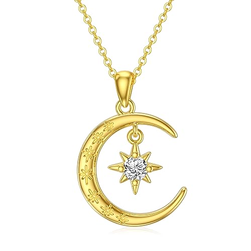 Moissanite Moon and Star Necklace 925 Silver Birthstone Gifts for Women | Sterling Silver Sun and Moon Pendant Elegant Jewelry Birthday Gifts for Wife Mom - color: B:Moon and Star-Birthstone-4