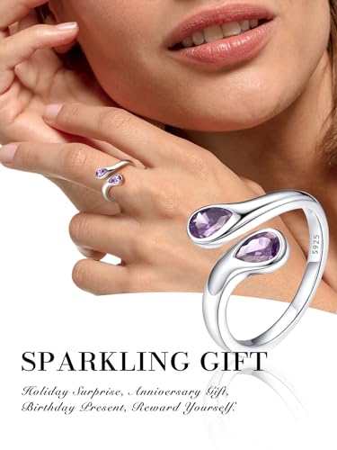 Bestyle Silver Birthstone Ring for Women, Dainty Sterling Silver Teardrop Ring Open Adjustable Band Ring, Love Statement TOI et Moi Ring Promise Ring for Her - color: 06.June ( Alexandrite)