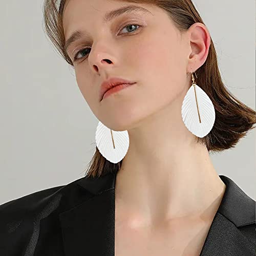 YUNXI Large Genuine Soft Leather Handmade Fringe Feather Lightweight Leaf with Simple Drop Metal Bar Tear Drop Dangle Color Earrings for Women - color: White