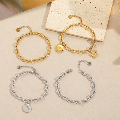 10 PCS Bracelets for Women Stainless Steel Chain Link Bracelet Set | 6.7 Inches with Extender, Jewelry Gifts for DIY, Chains Bulk, Oval, Curb, Figaro Chains, 18K Gold Plated, Silver, Chunky - color: Oval Silver
