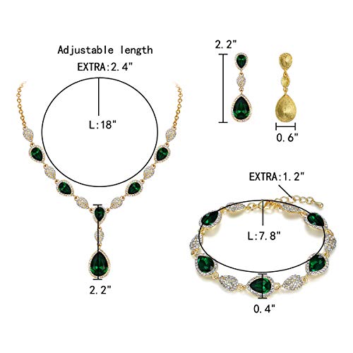 EleQueen Women's Wedding Bridal Jewelry Sets for Brides Bridesmaids, Cubic Zirconia Teardrop Necklace Tennis Bracelet Dangle Earrings Jewellery Set - color: 03-Emerald Color Gold-Tone