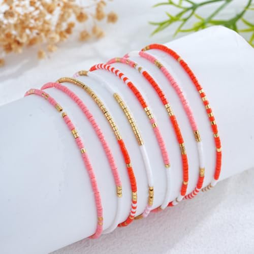 Gold Seed Beaded Stack Bracelets for Women,Handmade Stackable Stretch Colorful Ball Fall Jewelry Friendship Accessories Gift - color: pink