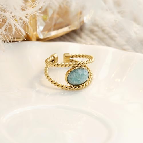 Made by Nami Adjustable Gold Plated Gemstone Ring for Women Handmade Boho Stacking Rings Chunky Open Band Turquoise Statement Jewelry Unique Minimalist Design for Everyday or Special Occasions - style: Double Row Turquoise Stone