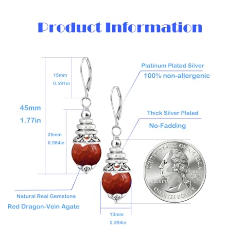 Natural 10mm Stone Beads Drop Earrings,Retro Silver Round Quartz Crystal Gemstone Beads Dangle Earrings for Women - color: A20_Red Dragon-Vein Agate