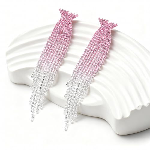 Rhinestone Earrings Prom Earrings for Women Sparkly Long Tassel Chandelier Drop Statement Earring Jewerly Gifts Wedding Party Prom Dresses Accessories - color: B6:pink&silver