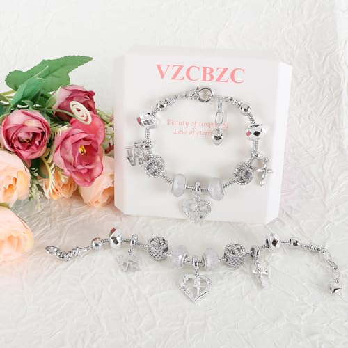 Charm Bracelet for Women, with Crystal and Heart Shape Glass Beads Sliver CZ Cross Snake Chain Bracelet, Trendy Charm Bracelet Jewelry Valentine's Day Gifts for Women