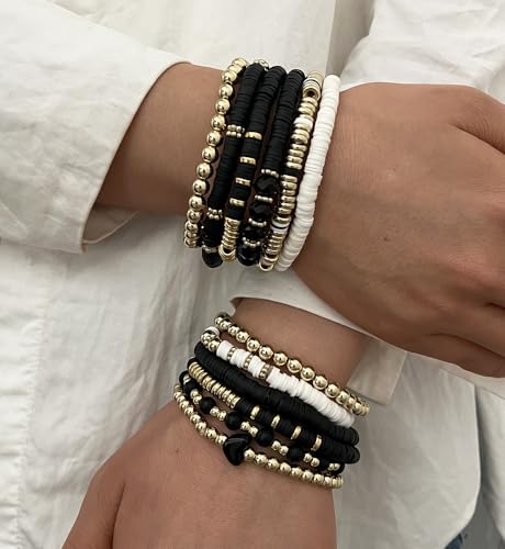 iF YOU 13pcs Boho Brown Gold Beaded Stretch Bracelets for Women, Heishi Clay Surfer Stackable Bracelet Stacks Summer Beach Jewelry - style: White & Black Clay Bracelets