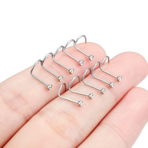 Hoeudjo Nose Studs Surgical Steel Cubic Zirconia Nose Rings Kit for Women Men Tiny Nose Stud Bone & Screw & L Shaped Nostril Piercing Jewelry 18/20/22/24 Gauge 10 Pieces - color: silver-tone,screw nose studs, size: 22g/2mm clear CZ