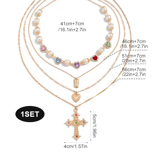 Gold Cross Layered Necklaces for Women,Colorful Crystal Drop Necklace,Gold Cross Pendant Necklace Stack,Fashion Long Tassel Chest Chain Jewelry Layered Rhinestone Neck Chain Accessories - color: Gold-3