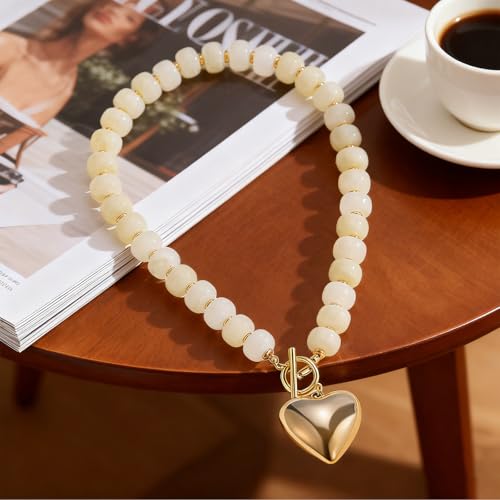 Chunky Heart Necklaces for Women Colorful Resin Beaded Necklaces for Women Gold Puffy Heart Statement Necklace Trendy Acrylic Choker Jewelry Gift - color: White