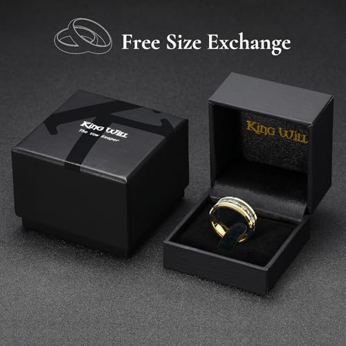 King Will Mens Wedding Band with Foils Inlay, Black/Silver/Gold Beveled Edge Glowstone Ring, 6mm/8mm Tungsten Carbide Rings Comfort Fit - color: Gold&Gold-8mm