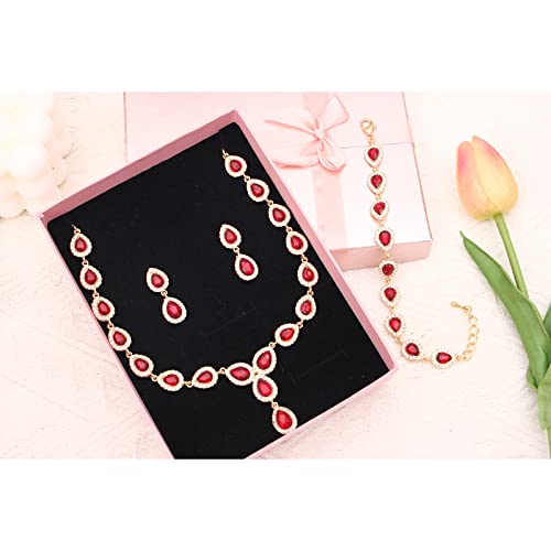 Austrian Crystal Rhinestone Necklace Dangle Earrings Link Bracelet Jewelry Set for Brides Bridesmaid Prom Costume Accessories for Women - color: Red-Gold Plated