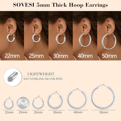 sovesi Chunky Hoop Earrings for Women, 14K Gold Plated Thick Hoops | 5mm Thick Hollow Tube Chunky Lightweight Hypoallergenic Hoop Earrings for Women - style: Silver 25MM