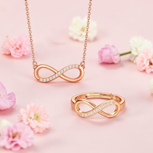 Nilu's Collection Infinity Shape Cubic Zirconia Diamond Bracelet for Women, Jewelry for Gift, Adjustable Charm Bracelet (Rose Gold Necklace + Bracelet) - color: Rose Gold Pendant+Ring
