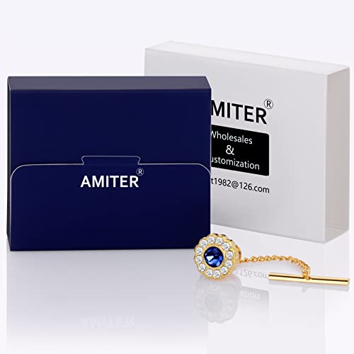 AMITER Crystal/Pearl Tie Tack with Chain, Gold Mens Tie Pin Necktie Pins Lapel Pin for Wedding Birthday Anniversary Party - color: 24k Gold+Blue Crystal