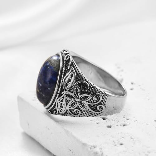Retro Large Tiger Eye Stone Turquoise Wedding Ring For Men Classical Gothic Stainless Steel Rings - color: Silver-Blue