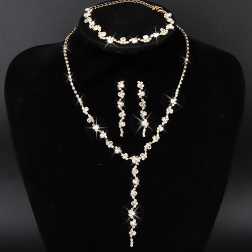 CAVETEE Jewelry Set - Prom Jewelry Crystal Bridal Necklace, Bracelet & Pendant Earring Jewelry Set for Women - style: Rectangular crystal